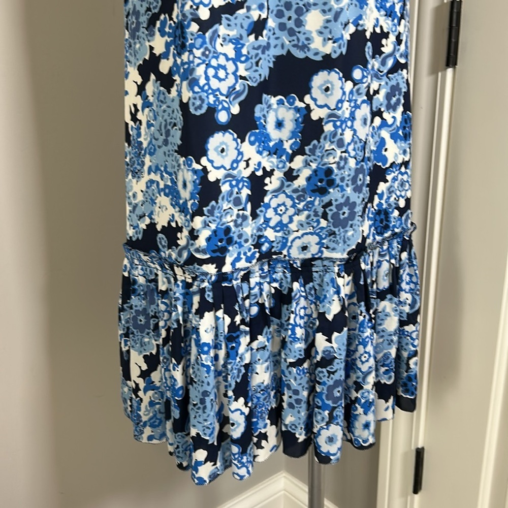Tory Burch Silk Halter Neck Midi Dress Blue Floral Side Zip Pleated Sz 4 - Picture 5 of 16